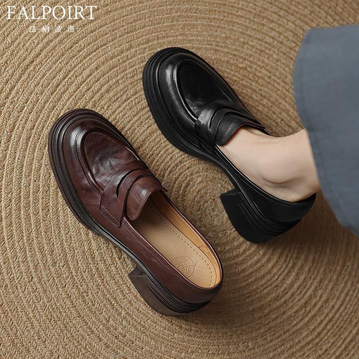 FALPOIRT 真皮单鞋女2025新款秋冬7cm增高粗跟小皮鞋英伦风乐福鞋