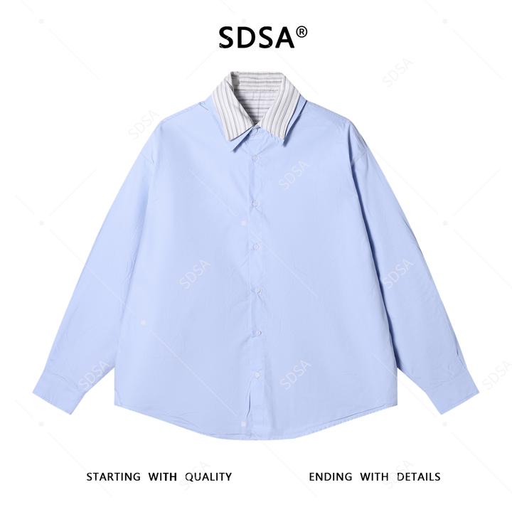 SDSA男士秋冬新款痞帅男装潮牌条纹双面翻领长袖衬衫宽松时尚衬衣