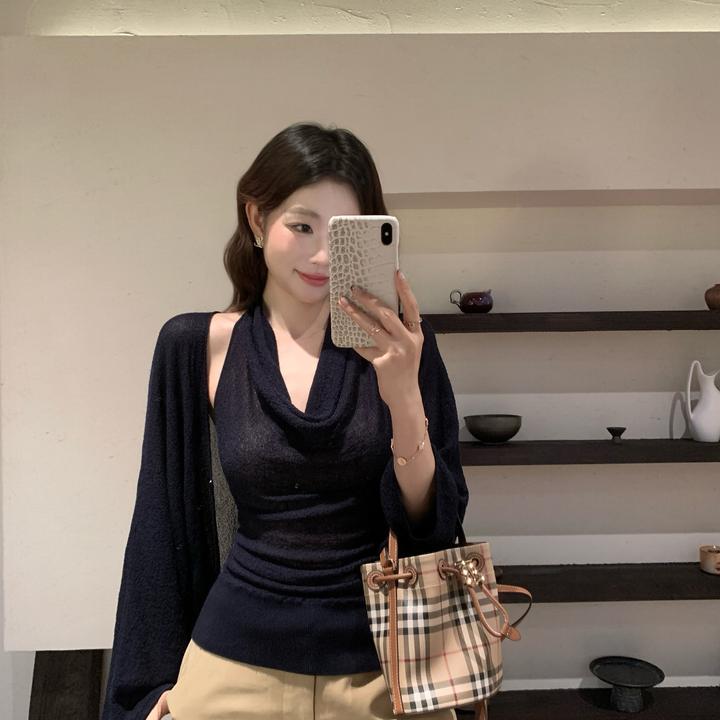 EIA一尧【慵懒玩家】复古气质慵懒姐感开衫+荡领挂脖露背扭结套装女