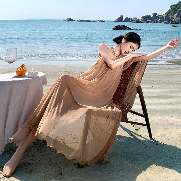 高级感抹胸网纱飘带连衣裙女性感露背礼服长裙ZC60