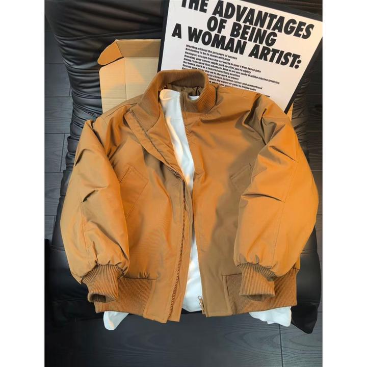 美式棕色短款飞行夹克棉服男冬季cleanfit外套bomber廓形立领棉衣