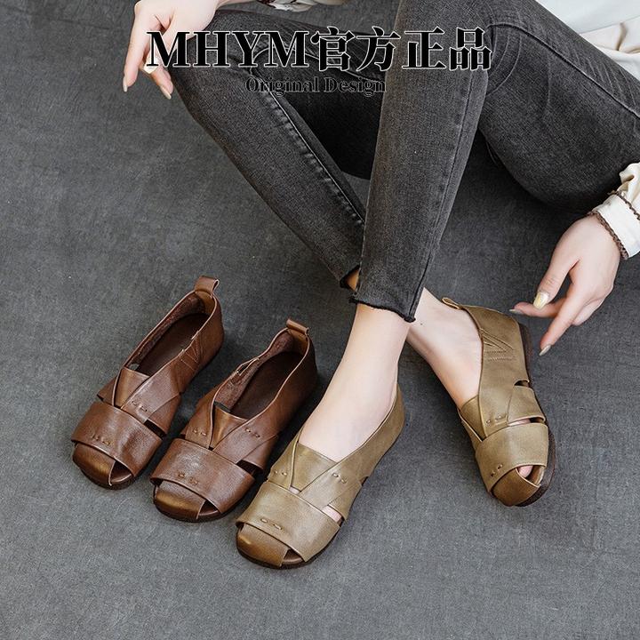 头层牛皮复古手工女凉鞋平跟软底夏季新款休闲文艺罗马包头文艺范