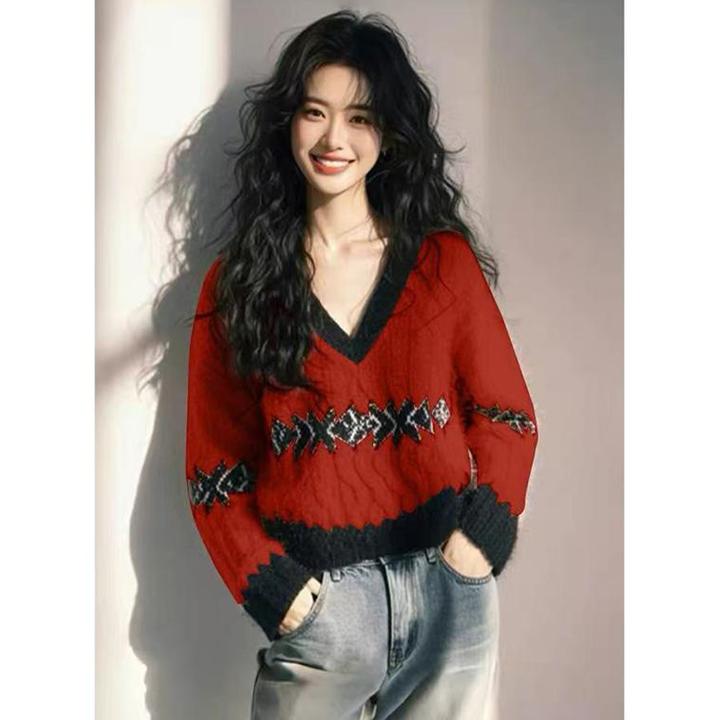 设计感v领拼色软糯针织衫上衣女2025年春季新款慵懒风长袖毛衣潮