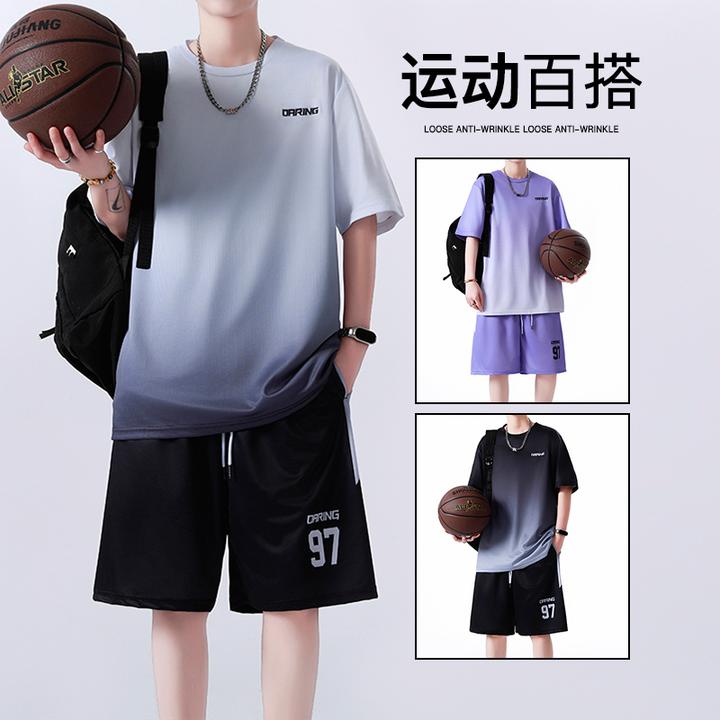 休闲运动套装男夏季冰丝短袖短裤一套搭配帅气青少年篮球服两件套