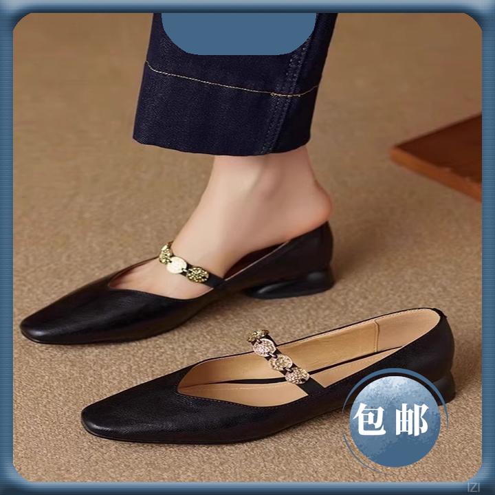 工厂直供 方头金币玛丽珍鞋女2025春新款中粗跟浅口单鞋