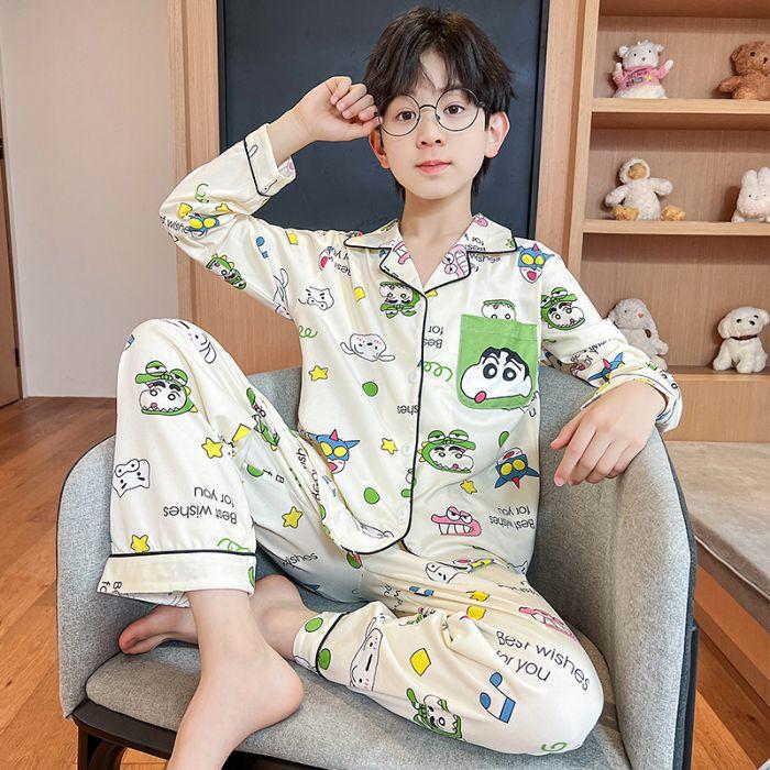 2025春秋季儿童薄款宽松翻领透气睡衣长袖卡通蜡笔小新家居服套装