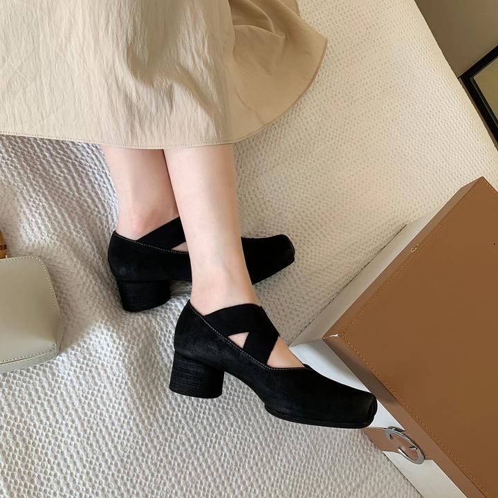 【JTG&SHOES 官方正品】牛皮版潮真皮法式粗跟芭蕾鞋女复古交叉绑带