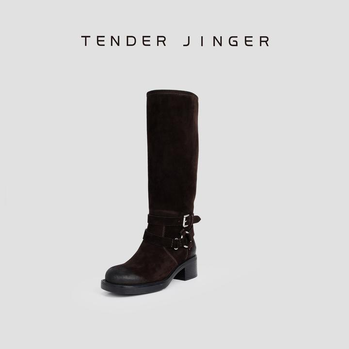 Tender Jinger秋冬反绒粗跟擦色复古金属扣长靴M250620