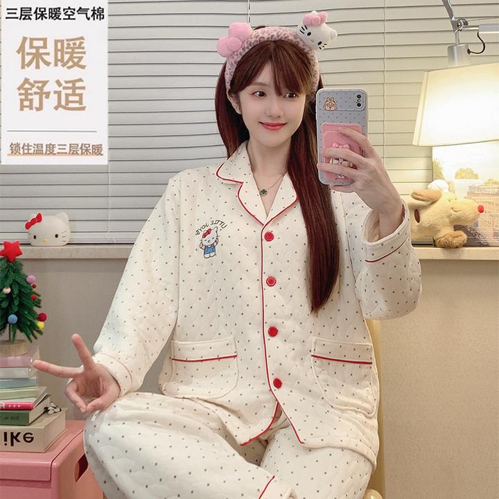 2025秋冬季新款空气夹棉翻领开衫长袖长裤加厚套装睡衣女保暖