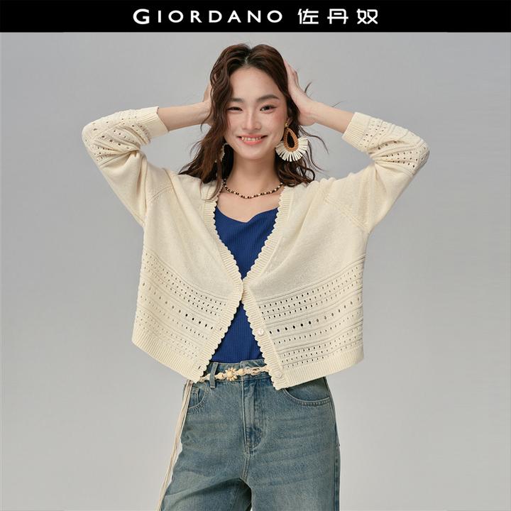 佐丹奴针织衫女装镂空提花V领插肩袖秋新款开襟针织衫 18355211