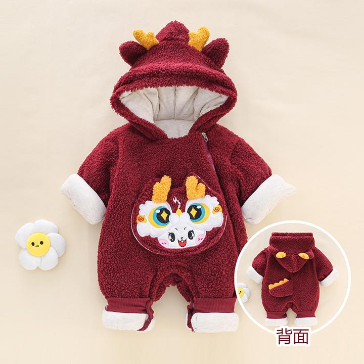 宝宝冬季外出服冬连体衣加绒加厚新年装红色拜年新生儿婴儿满月服