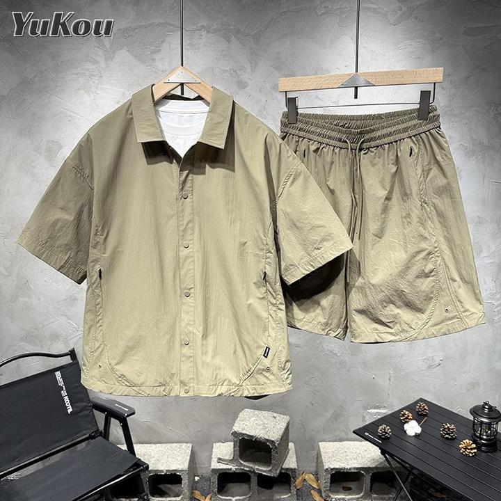 夏季户外男士套装时尚宽松休闲运动套装潮牌简约速干纯色两件套男