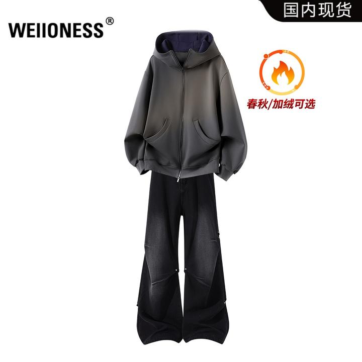 WEIIONESS美式复古连帽卫衣套装男冬季高街牛仔裤两件套轻奢男装