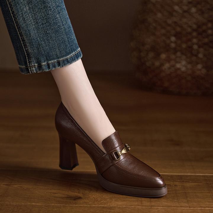 小个子增高8.5cm~羊皮粗跟防水台单鞋女复古小皮鞋新款气质高跟鞋