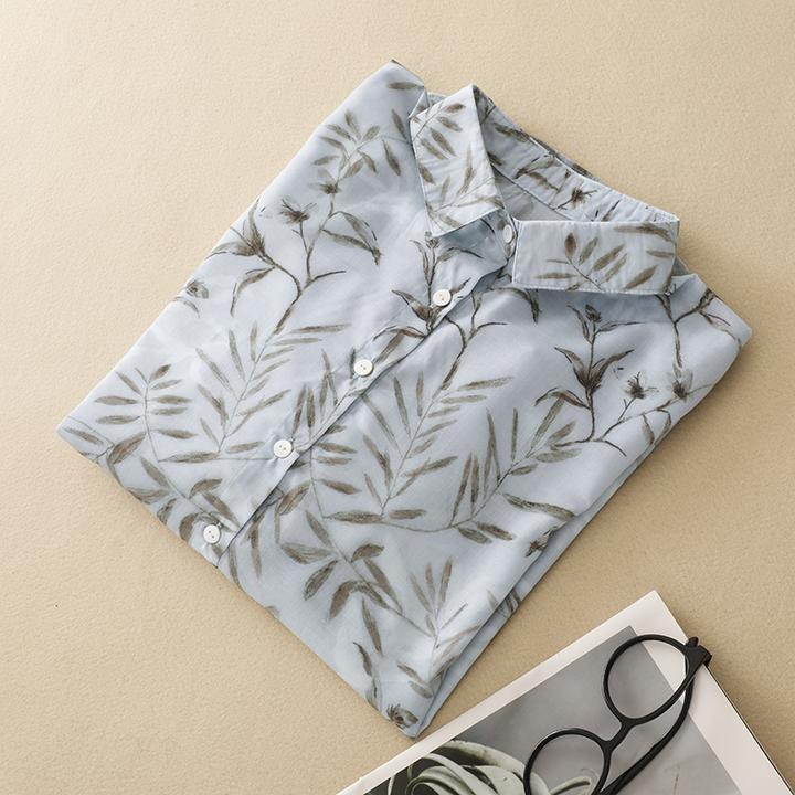 宽松百搭法式长袖单排多扣小衫上衣文艺休闲风枝叶印花防晒衬衫女