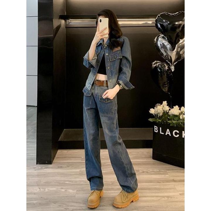 欧货成套搭配高级感牛仔裤套装女春秋季新款时尚洋气休闲牛仔外套