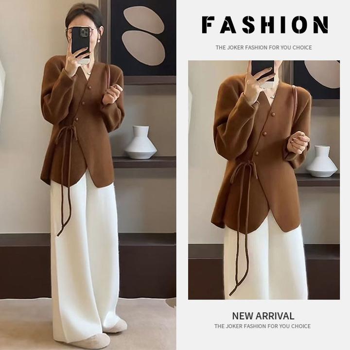 今年流行穿搭一整套2025新款复古绑带上衣高腰显瘦休闲裤两件套潮