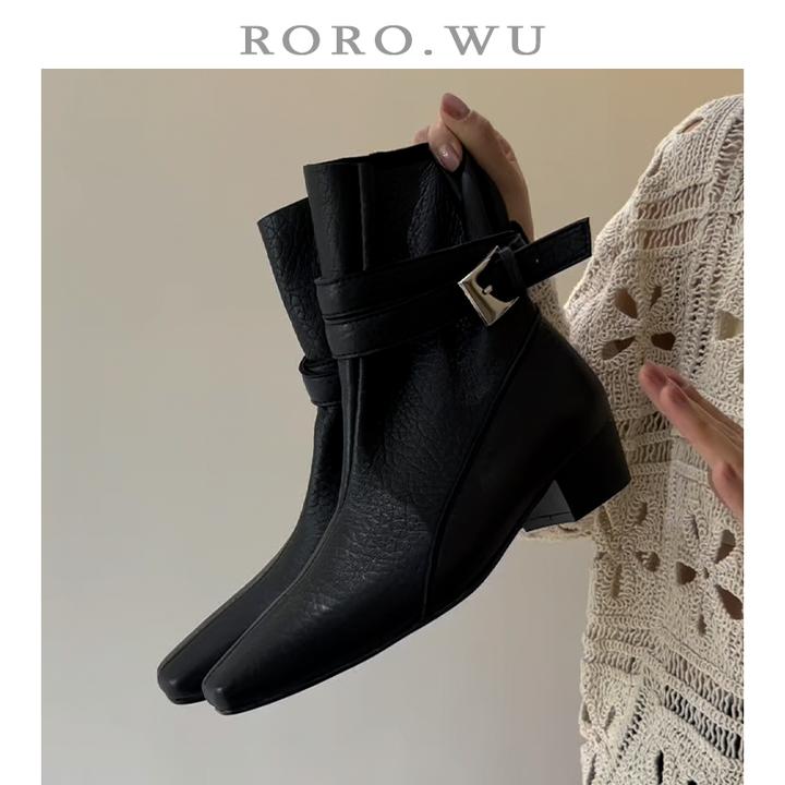 娆娆吴·头层羊皮复古法式方头皮带扣秋冬新款粗跟短筒靴女Z43