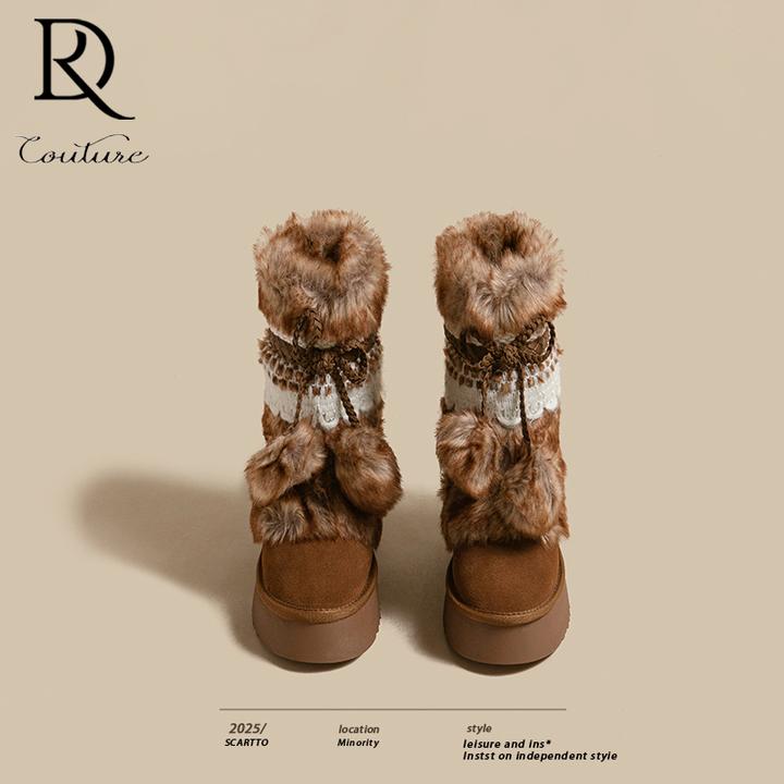 【DR官方正品】复古厚底雪地靴女2025冬季加绒中筒靴小个子毛毛棉鞋