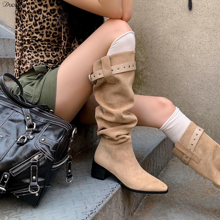 超好穿~！5cm超酷方头粗跟骑士靴女舒适百搭显瘦时装靴堆堆靴长靴