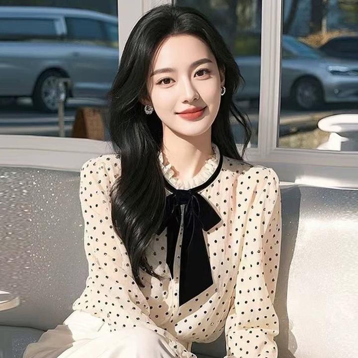 SS971法式气质小香风衬衫新款蝴蝶结蕾丝轻奢温柔风波点衬衣女