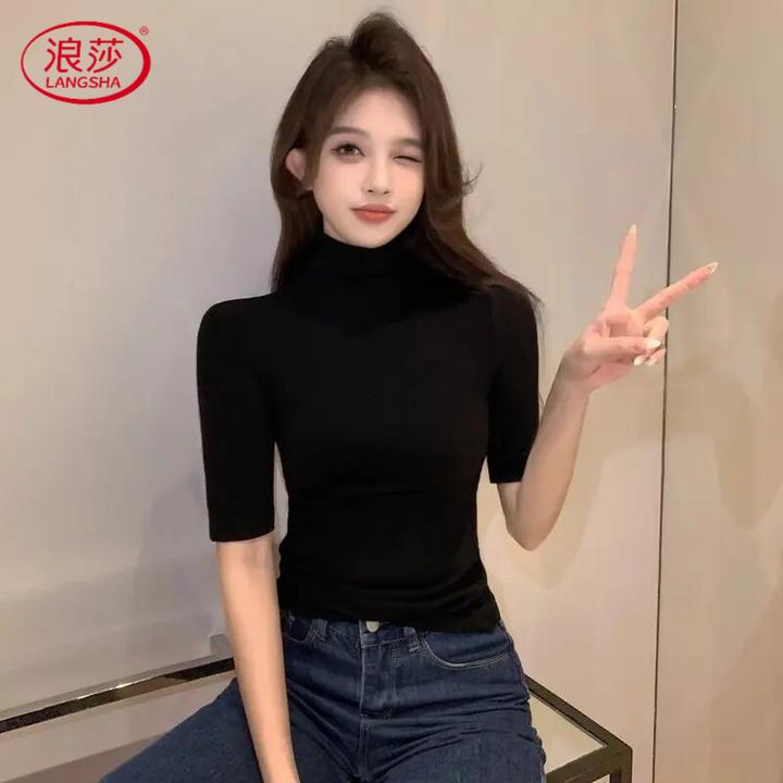 浪莎上衣半高领内搭中修身显瘦春五分袖中袖螺纹短袖2025T恤黑色