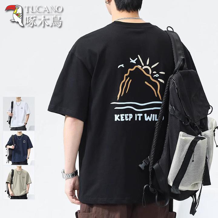 啄木鸟短袖T恤男生夏季圆领宽松潮牌刺绣日系休闲青年半袖上衣男