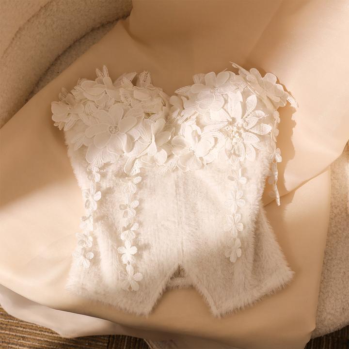 白色流苏花朵吊带背心女内搭胸垫性感修身显瘦不规则打底抹胸上衣