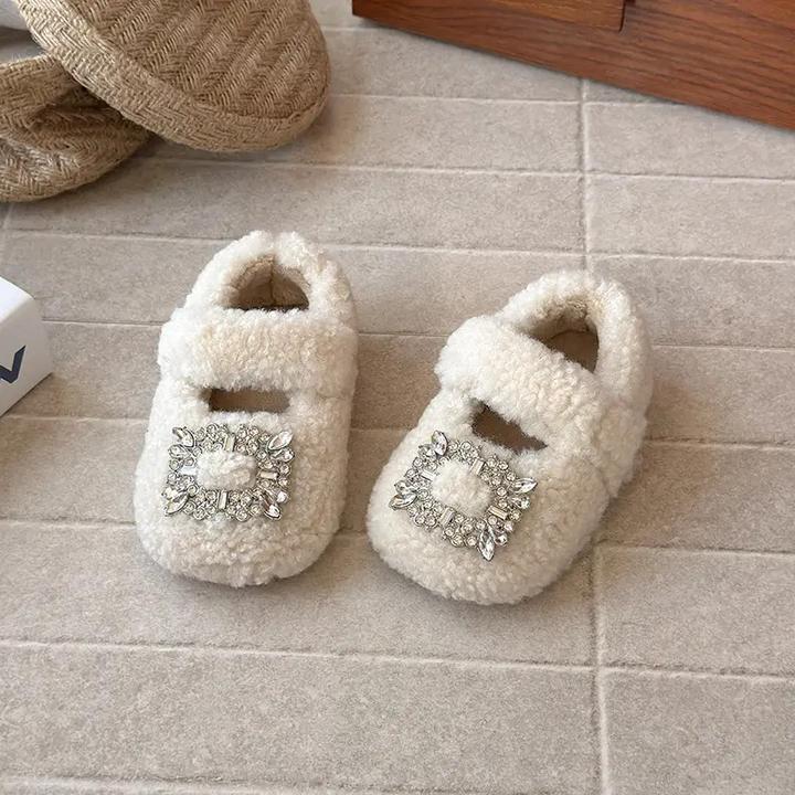 小黄鸭女童公主水钻毛毛鞋2025冬季时尚百搭棉鞋女宝宝洋气豆豆鞋