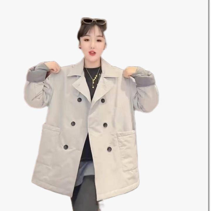 韩范风衣外套女潮款长袖西服领纯色双兜双排扣休闲大码女装冲锋衣