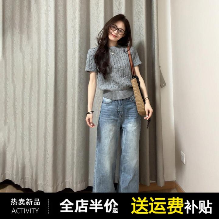 2025新款灰色正肩短袖t恤女夏季独特漂亮小衫慵懒风短款针织上衣