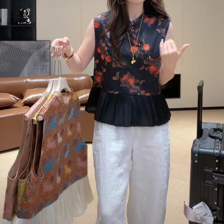 拼接蕾丝下摆新中式提花无袖上衣女2025夏季新款百搭气质显瘦上衣