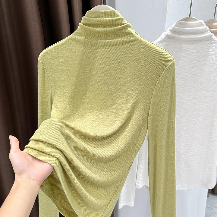 多巴胺黄绿色小众长袖修身显瘦T恤2025秋季新款半高领内搭打底衫