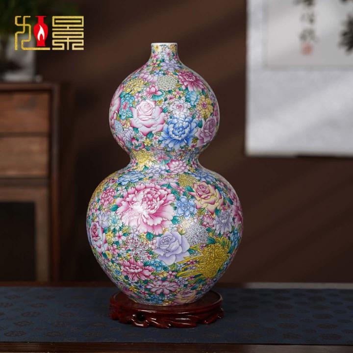 景德镇陶瓷花瓶手绘万花葫芦瓶中式客厅装饰摆件乔迁新居高档礼品