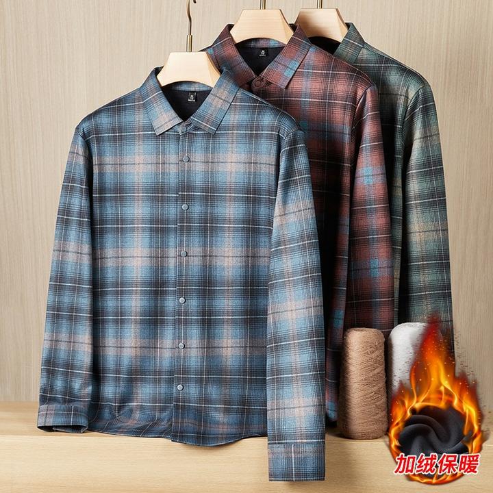 2025年冬季新款加肥加大码格子长袖加绒衬衣男士休闲加厚保暖衬衫