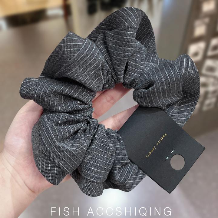 秋冬韩系灰色条纹大肠发圈女慵懒感气质高级盘发低丸子头马尾头绳