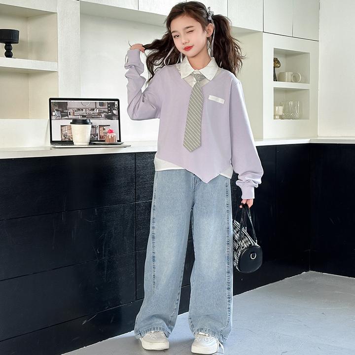 女童学院风套装春秋款2025新款女大童洋气假两件衬衫牛仔裤两件套