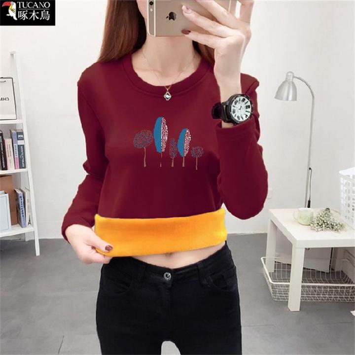 啄木鸟冬季加绒印花长袖圆领T恤新款女减龄显瘦百搭韩版洋气上衣