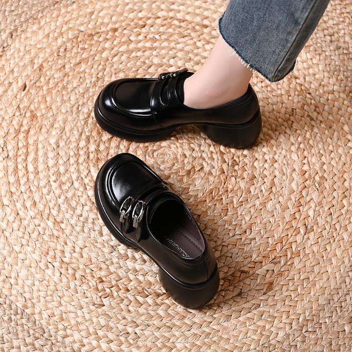 英伦风圆头厚底深口单鞋女春秋新款双排扣粗跟一脚蹬百搭小皮鞋女