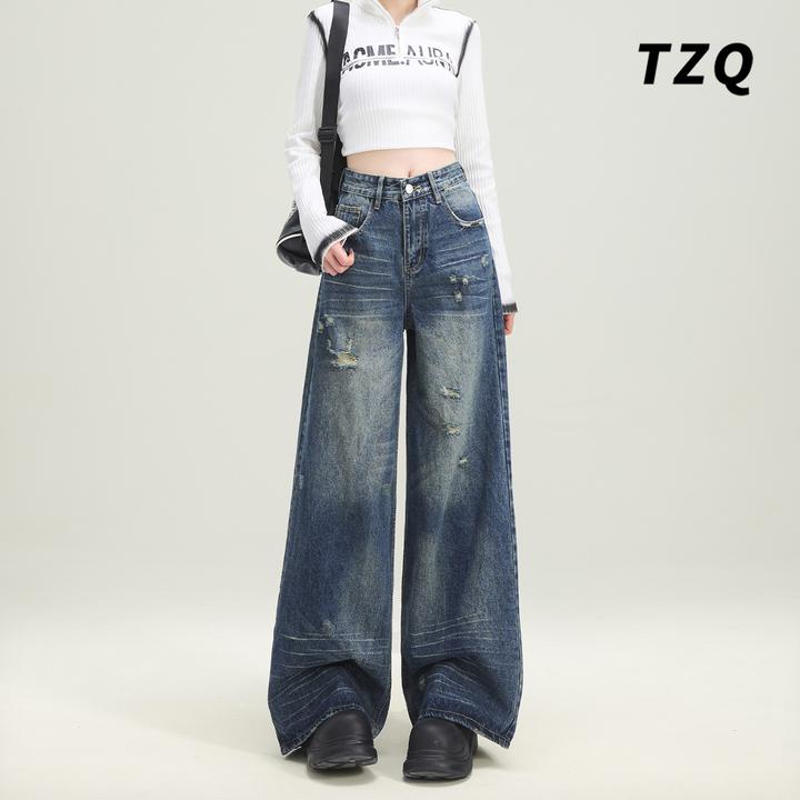 美式做旧破洞直筒牛仔裤女2025新款宽松显瘦阔腿长裤TZQ25010213