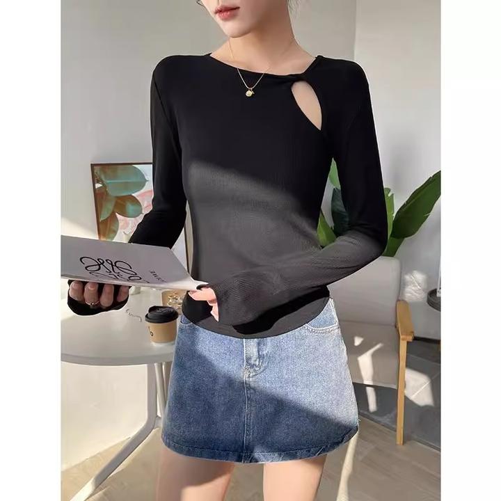 黑色镂空打底衫女2025新款春秋内搭设计感小众长袖T恤上衣可外穿