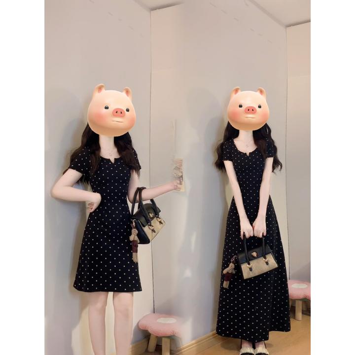 MO88ZSPF实拍大码黑色波点连衣裙女夏韩系收腰显瘦V领短袖裙子
