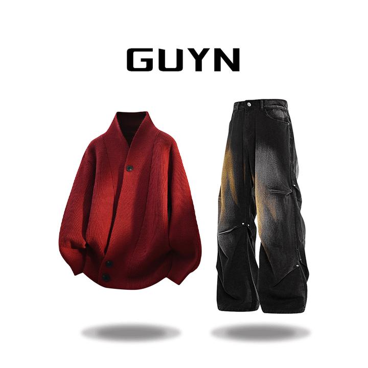 GUYN开衫毛衣男士春秋季针织衫休闲高级感外穿V领毛线衫牛仔裤子