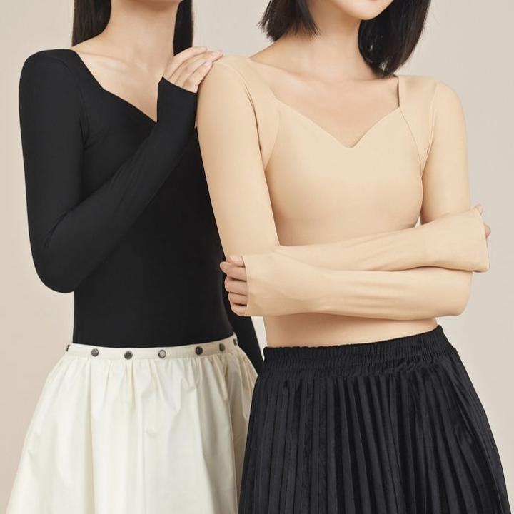 秋冬新款女士亲肤修身显瘦时尚带胸垫V领美肤超薄加绒保暖肌底衣