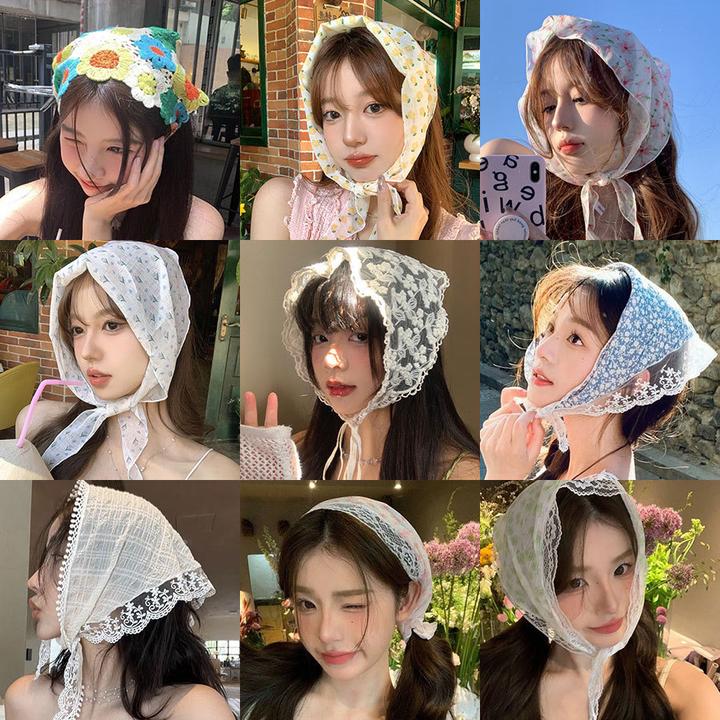 法式蕾丝三角巾甜美少女氛围感头巾夏季度假拍照装饰复古丝巾百搭