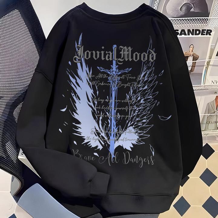 重磅美式高街学院风剑与翅膀印花男生痞帅潮流宽松情侣款男生卫衣