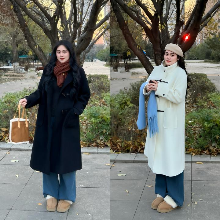 花契“椰奶糯糯”大码女装冬季显瘦200斤胖mm牛角扣时尚大衣15612-F