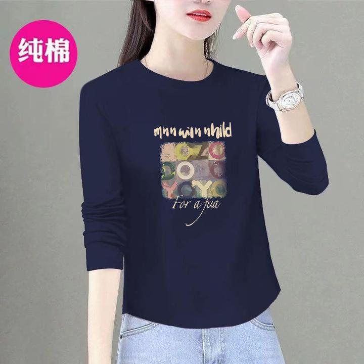 2025新款圆领印花长袖女圆弧形下摆春秋套头100%纯棉上衣ins遮肉