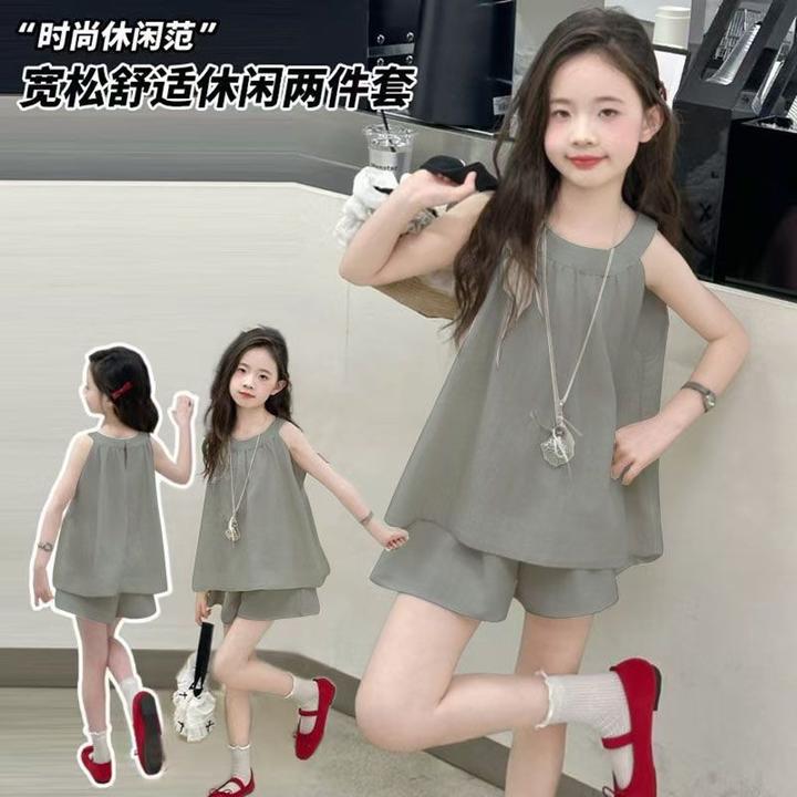 女童夏季薄款休闲背心五分裤两件套2025新款中大童女孩运动套装潮