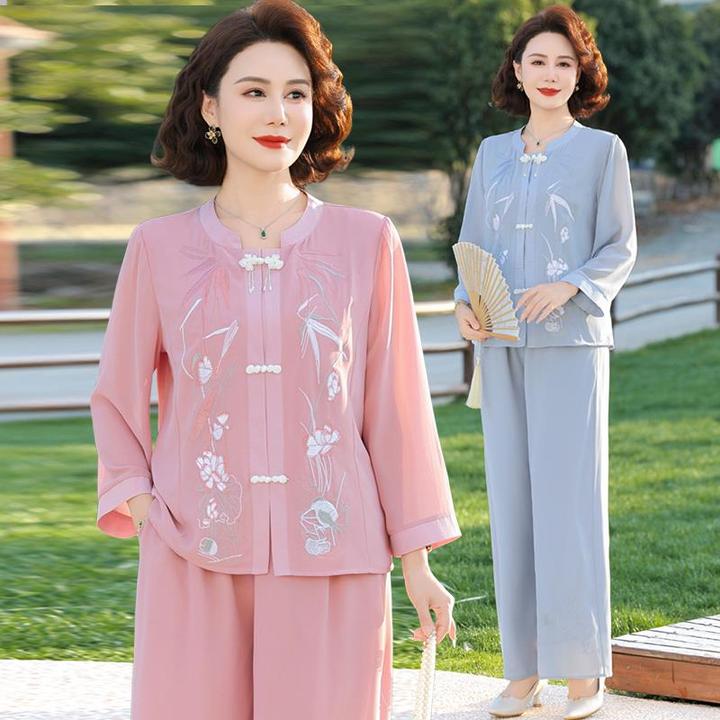 彩羊 2025新款妈妈夏装套装中老年女国风洋气雪纺上衣